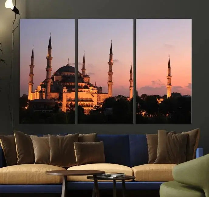 The Wall Art Turkey Istanbul Skyline Canvas Print adds a touch of elegance to a modern living room.