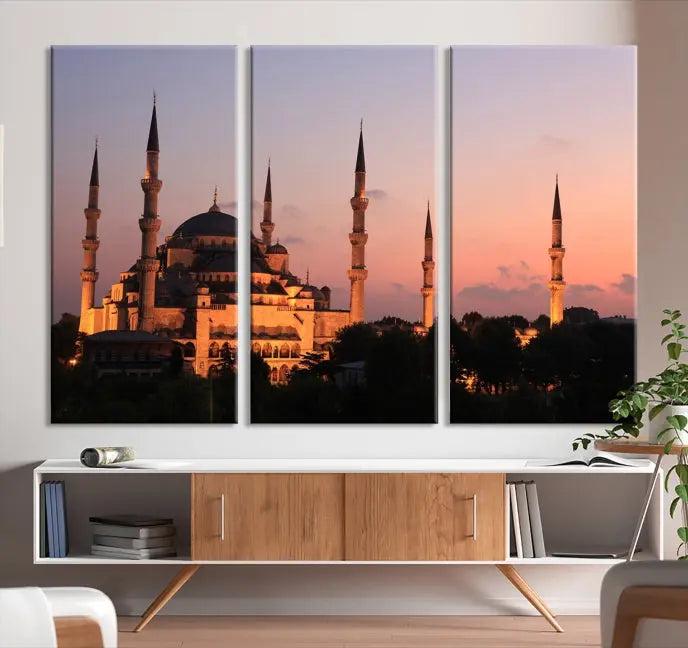 The Wall Art Turkey Istanbul Skyline Canvas Print adds a touch of elegance to a modern living room.