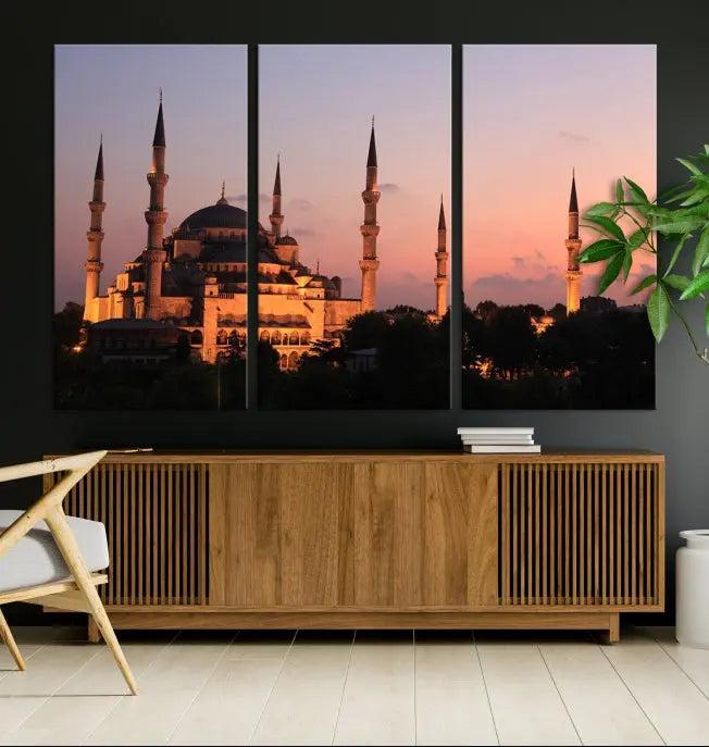 The Wall Art Turkey Istanbul Skyline Canvas Print adds a touch of elegance to a modern living room.