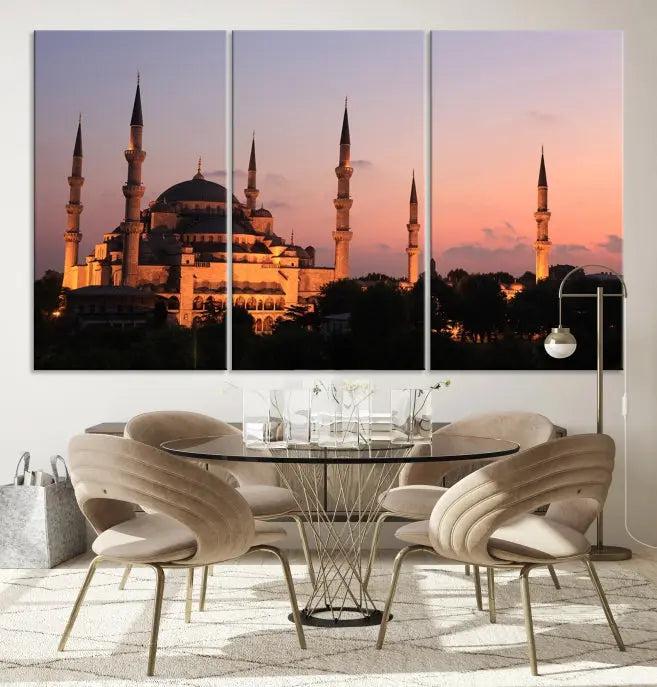 The Wall Art Turkey Istanbul Skyline Canvas Print adds a touch of elegance to a modern living room.