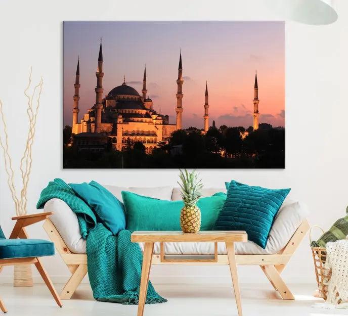 The Wall Art Turkey Istanbul Skyline Canvas Print adds a touch of elegance to a modern living room.