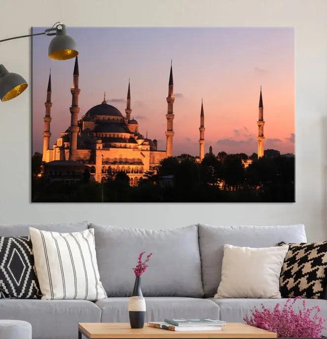 The Wall Art Turkey Istanbul Skyline Canvas Print adds a touch of elegance to a modern living room.