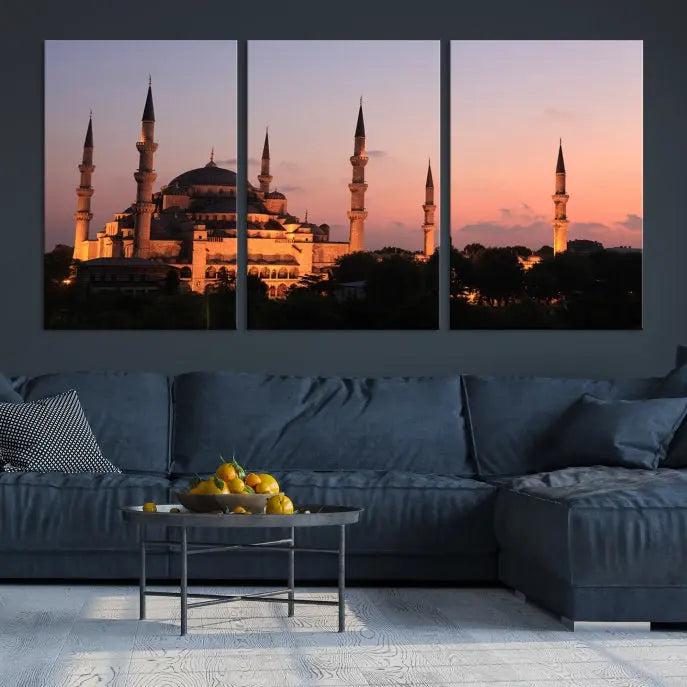 The Wall Art Turkey Istanbul Skyline Canvas Print adds a touch of elegance to a modern living room.