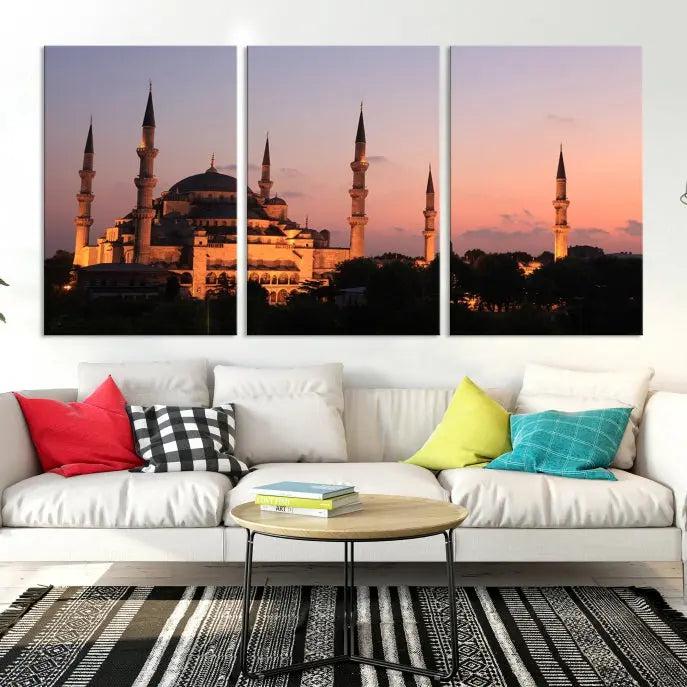 The Wall Art Turkey Istanbul Skyline Canvas Print adds a touch of elegance to a modern living room.