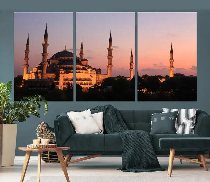 The Wall Art Turkey Istanbul Skyline Canvas Print adds a touch of elegance to a modern living room.