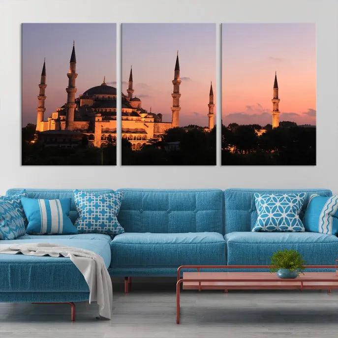 The Wall Art Turkey Istanbul Skyline Canvas Print adds a touch of elegance to a modern living room.