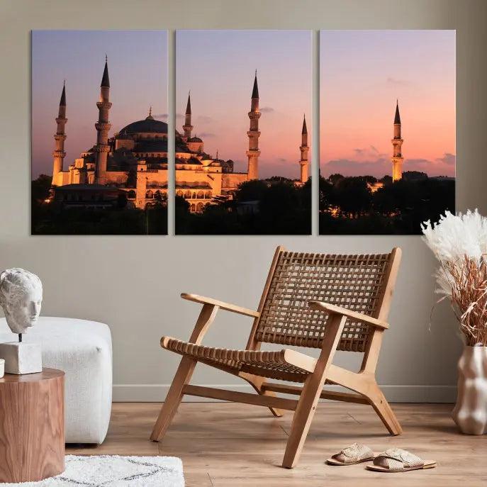 The Wall Art Turkey Istanbul Skyline Canvas Print adds a touch of elegance to a modern living room.