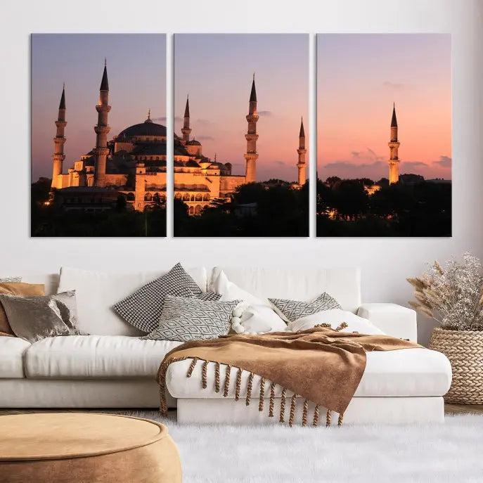 The Wall Art Turkey Istanbul Skyline Canvas Print adds a touch of elegance to a modern living room.