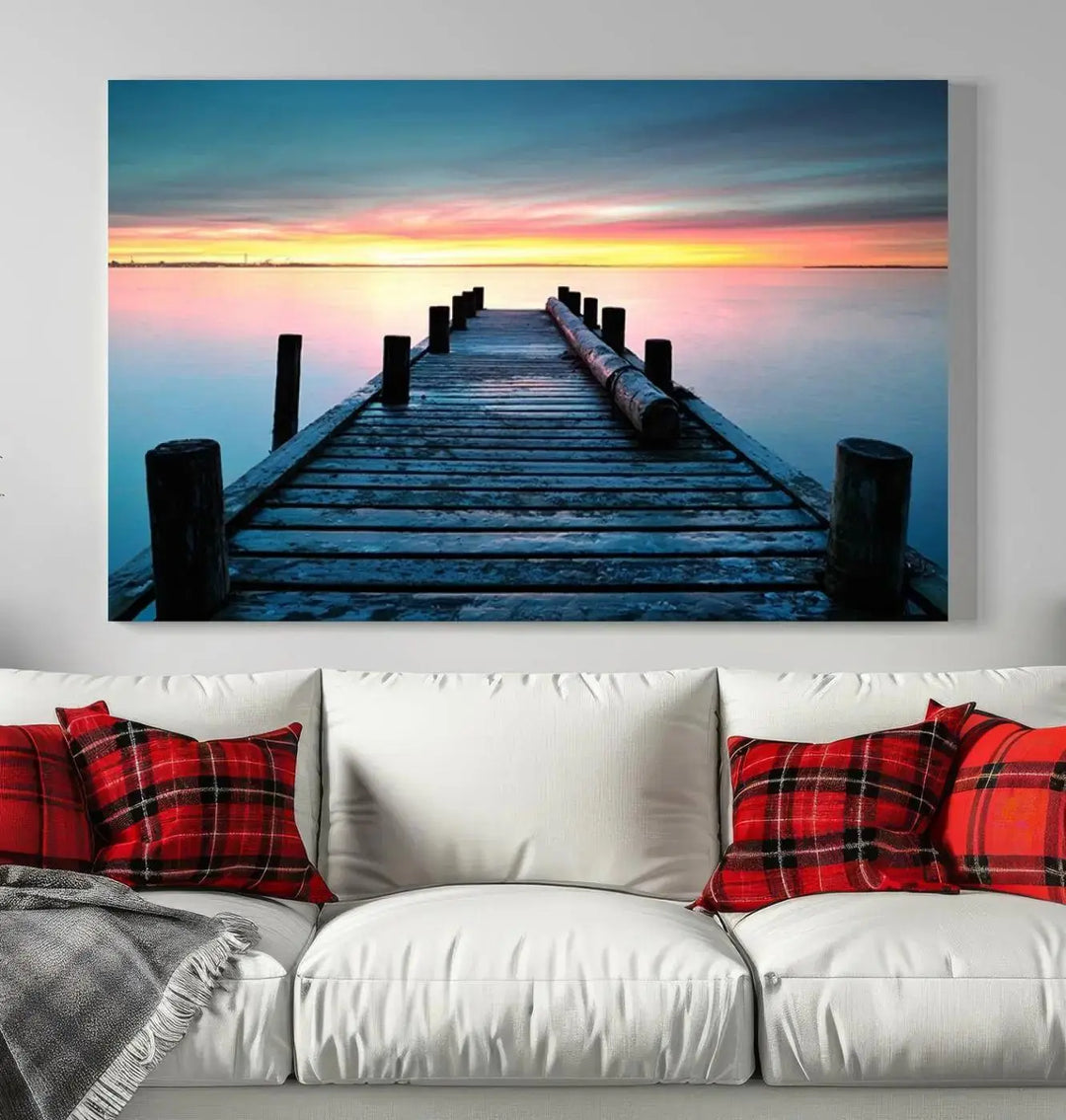 The "Wall Art Vintage Wooden Pier on Sea at Sunset Canvas Print" offers a museum-quality view of a wooden pier over a sunset-lit lake.