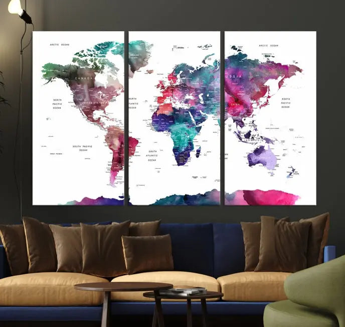 A Wall Art Watercolor Push Pin World Map Canvas Print features a gallery-wrapped design and UV-protective coating to maintain its vibrant colors.