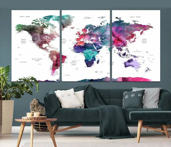 A Wall Art Watercolor Push Pin World Map Canvas Print features a gallery-wrapped design and UV-protective coating to maintain its vibrant colors.