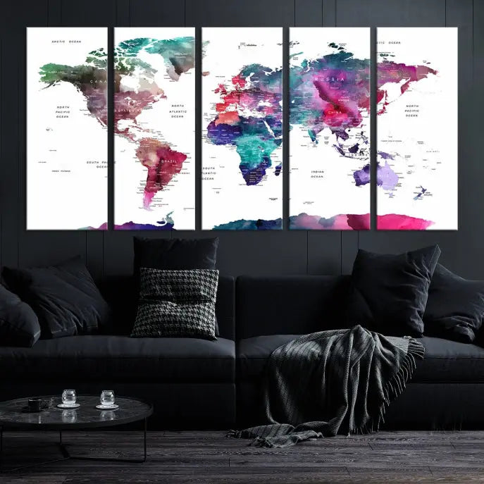 A Wall Art Watercolor Push Pin World Map Canvas Print features a gallery-wrapped design and UV-protective coating to maintain its vibrant colors.