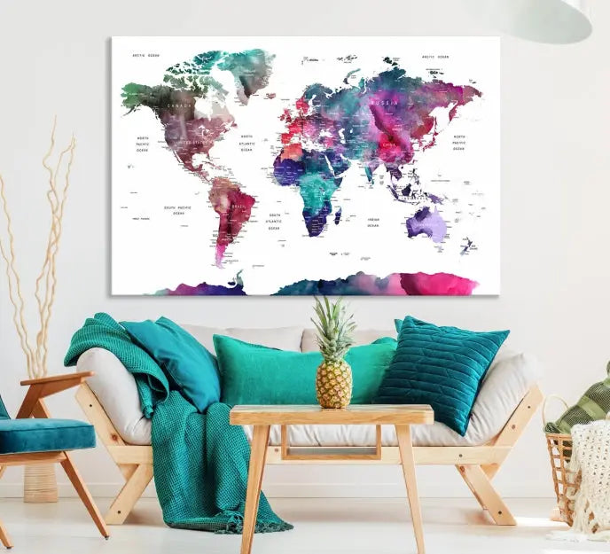 A Wall Art Watercolor Push Pin World Map Canvas Print features a gallery-wrapped design and UV-protective coating to maintain its vibrant colors.