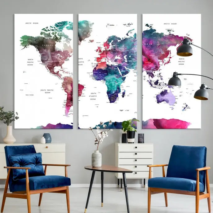 A Wall Art Watercolor Push Pin World Map Canvas Print features a gallery-wrapped design and UV-protective coating to maintain its vibrant colors.