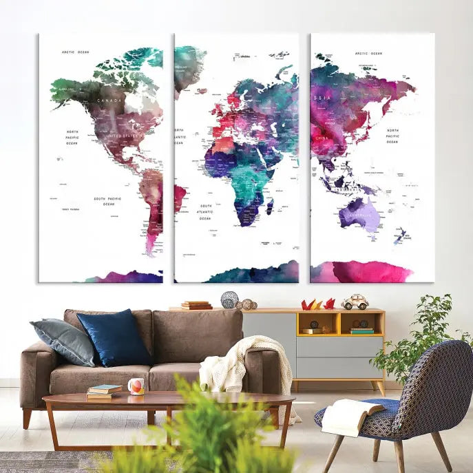 A Wall Art Watercolor Push Pin World Map Canvas Print features a gallery-wrapped design and UV-protective coating to maintain its vibrant colors.