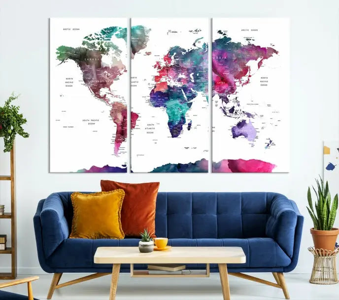 A Wall Art Watercolor Push Pin World Map Canvas Print features a gallery-wrapped design and UV-protective coating to maintain its vibrant colors.