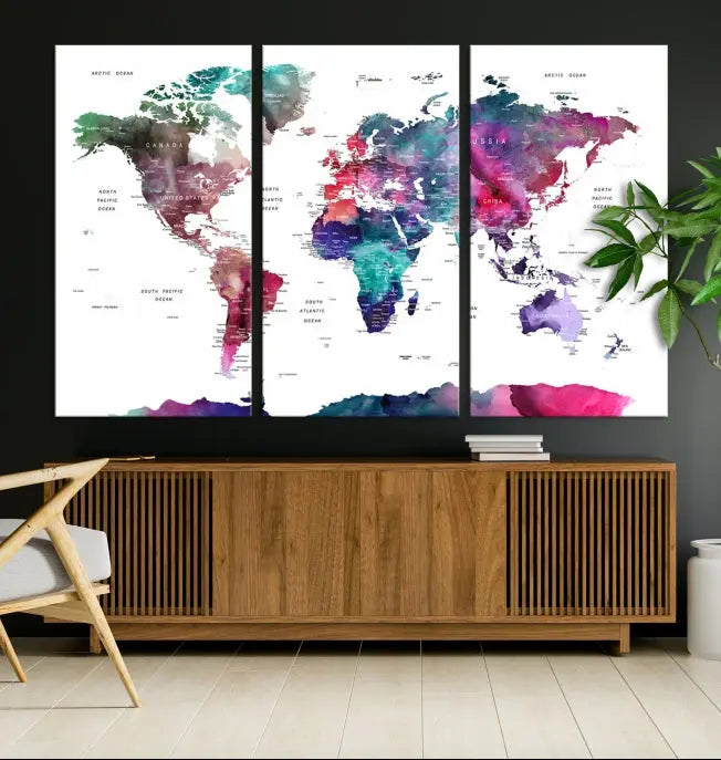 A Wall Art Watercolor Push Pin World Map Canvas Print features a gallery-wrapped design and UV-protective coating to maintain its vibrant colors.