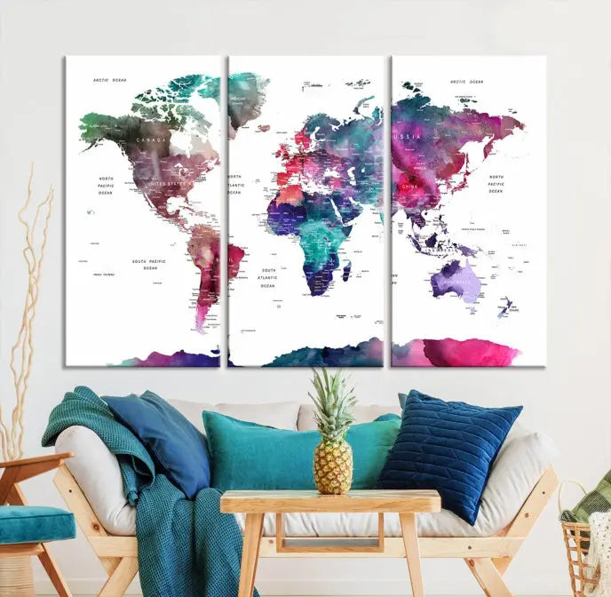 A Wall Art Watercolor Push Pin World Map Canvas Print features a gallery-wrapped design and UV-protective coating to maintain its vibrant colors.