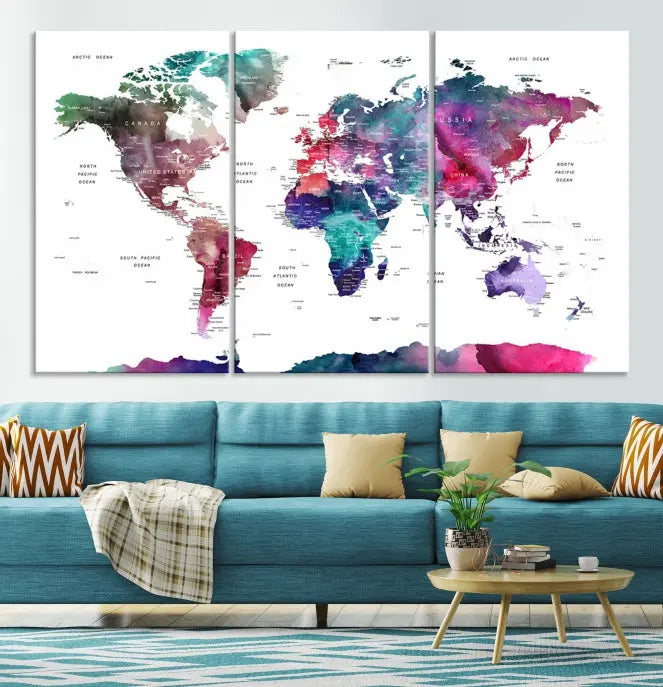 A Wall Art Watercolor Push Pin World Map Canvas Print features a gallery-wrapped design and UV-protective coating to maintain its vibrant colors.