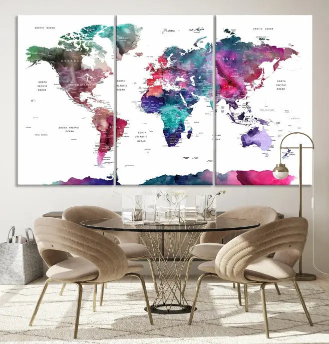 A Wall Art Watercolor Push Pin World Map Canvas Print features a gallery-wrapped design and UV-protective coating to maintain its vibrant colors.