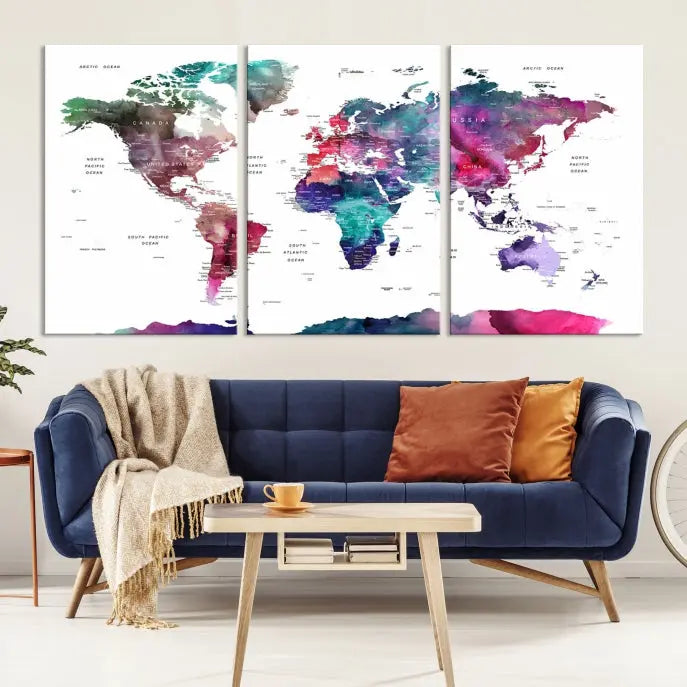 A Wall Art Watercolor Push Pin World Map Canvas Print features a gallery-wrapped design and UV-protective coating to maintain its vibrant colors.