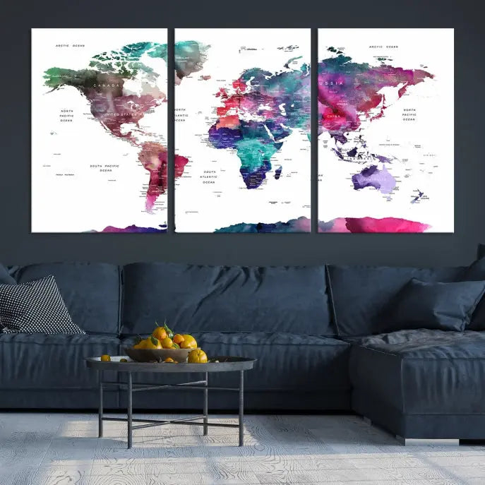 A Wall Art Watercolor Push Pin World Map Canvas Print features a gallery-wrapped design and UV-protective coating to maintain its vibrant colors.