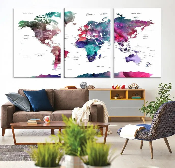 A Wall Art Watercolor Push Pin World Map Canvas Print features a gallery-wrapped design and UV-protective coating to maintain its vibrant colors.