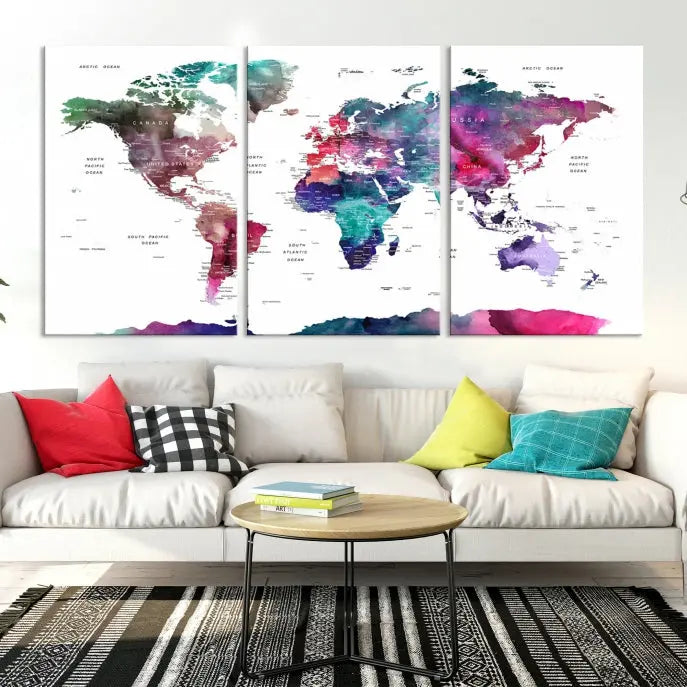 A Wall Art Watercolor Push Pin World Map Canvas Print features a gallery-wrapped design and UV-protective coating to maintain its vibrant colors.