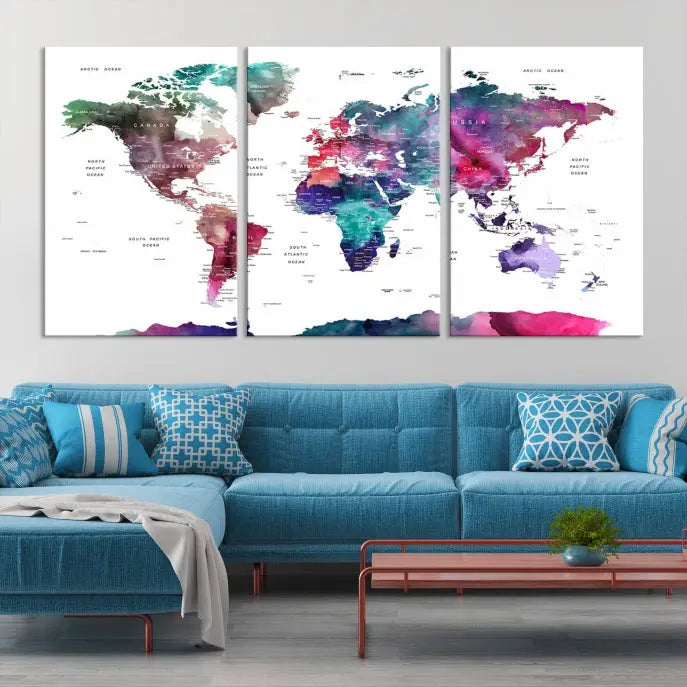 A Wall Art Watercolor Push Pin World Map Canvas Print features a gallery-wrapped design and UV-protective coating to maintain its vibrant colors.