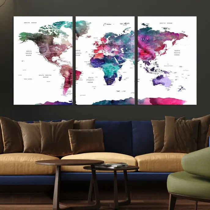 A Wall Art Watercolor Push Pin World Map Canvas Print features a gallery-wrapped design and UV-protective coating to maintain its vibrant colors.