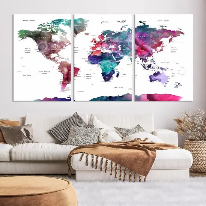 A Wall Art Watercolor Push Pin World Map Canvas Print features a gallery-wrapped design and UV-protective coating to maintain its vibrant colors.