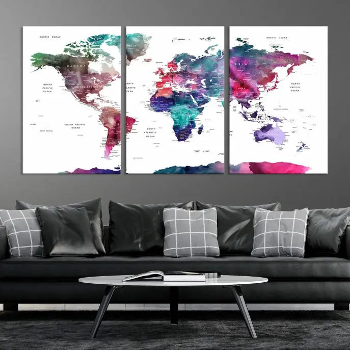 A Wall Art Watercolor Push Pin World Map Canvas Print features a gallery-wrapped design and UV-protective coating to maintain its vibrant colors.