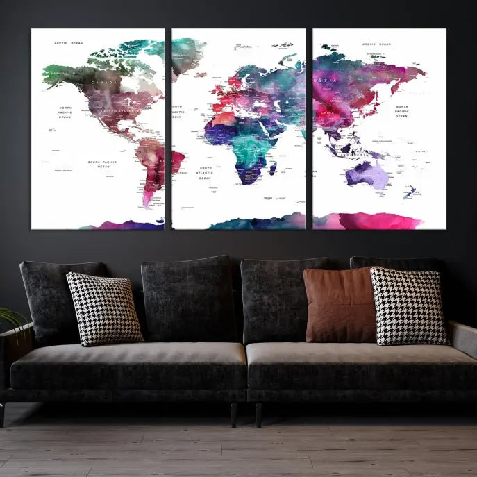 A Wall Art Watercolor Push Pin World Map Canvas Print features a gallery-wrapped design and UV-protective coating to maintain its vibrant colors.