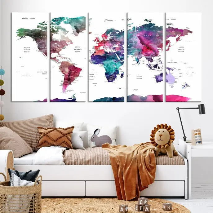 A Wall Art Watercolor Push Pin World Map Canvas Print features a gallery-wrapped design and UV-protective coating to maintain its vibrant colors.