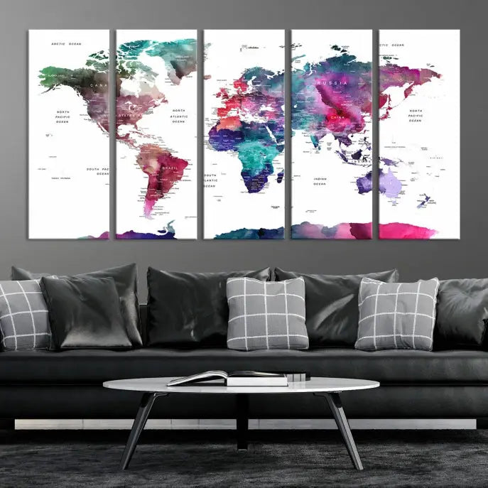 A Wall Art Watercolor Push Pin World Map Canvas Print features a gallery-wrapped design and UV-protective coating to maintain its vibrant colors.