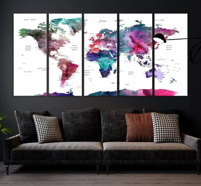 A Wall Art Watercolor Push Pin World Map Canvas Print features a gallery-wrapped design and UV-protective coating to maintain its vibrant colors.