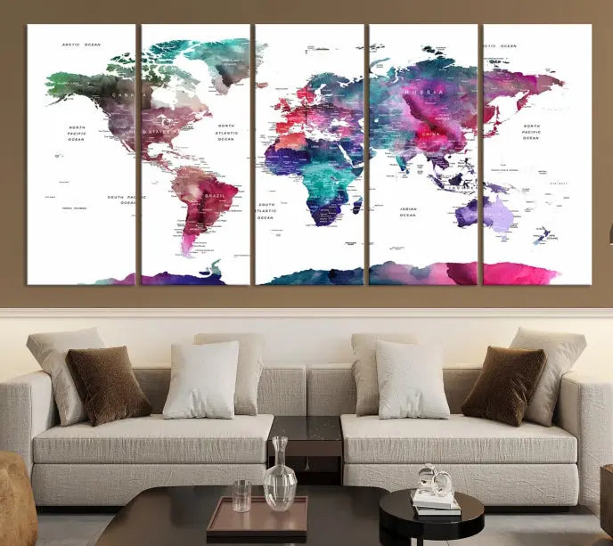 A Wall Art Watercolor Push Pin World Map Canvas Print features a gallery-wrapped design and UV-protective coating to maintain its vibrant colors.