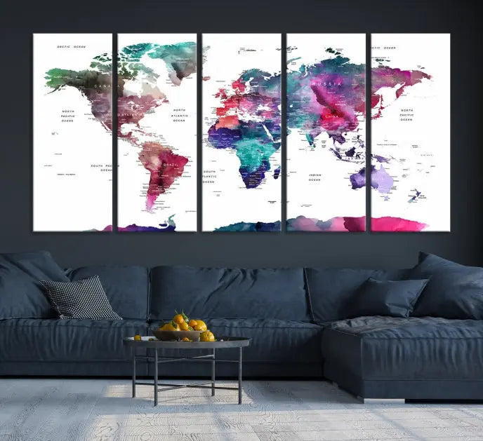 A Wall Art Watercolor Push Pin World Map Canvas Print features a gallery-wrapped design and UV-protective coating to maintain its vibrant colors.