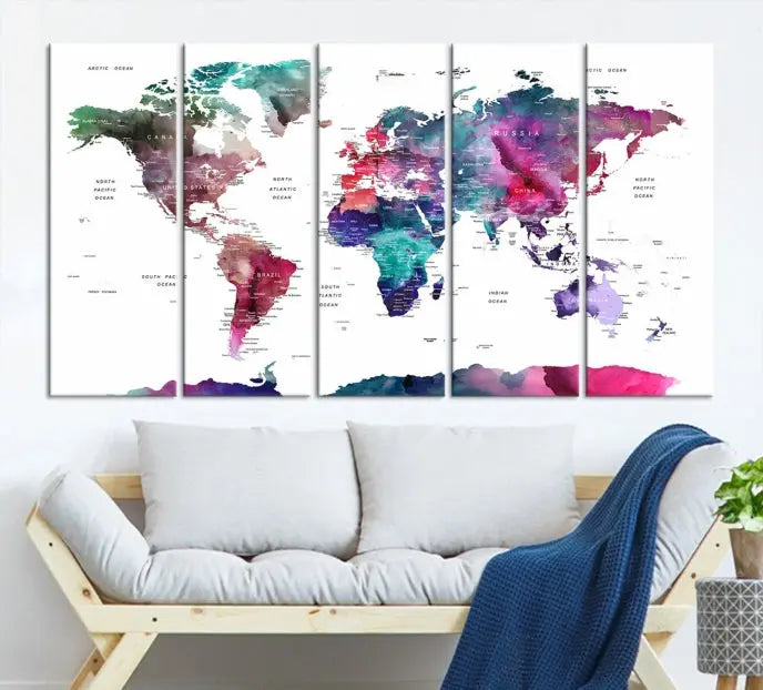 A Wall Art Watercolor Push Pin World Map Canvas Print features a gallery-wrapped design and UV-protective coating to maintain its vibrant colors.