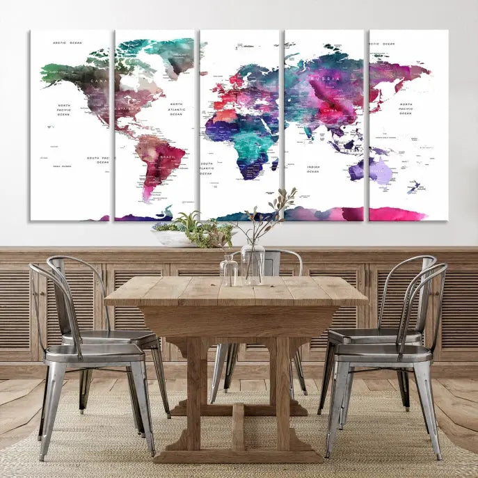 A Wall Art Watercolor Push Pin World Map Canvas Print features a gallery-wrapped design and UV-protective coating to maintain its vibrant colors.