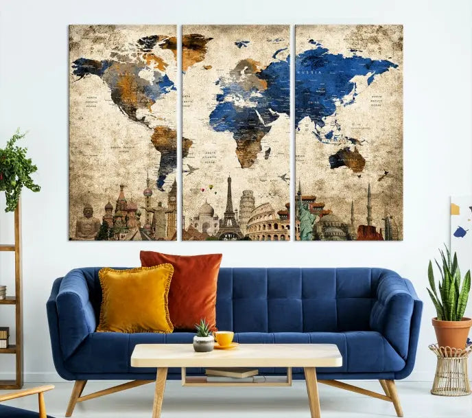 The museum-quality Wall Art Watercolor World Map Canvas Print featuring landmarks adorns the wall, enhancing the ambiance of this inviting living room.