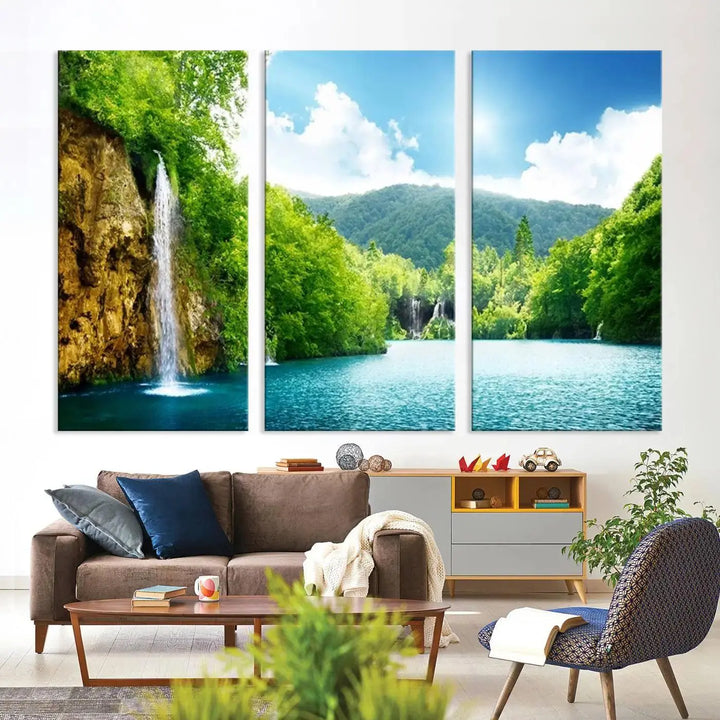 A triptych of big waterfalls in a forest with a mountain view, printed on museum-quality canvas with a UV-protective coating, is ready to elevate your space.