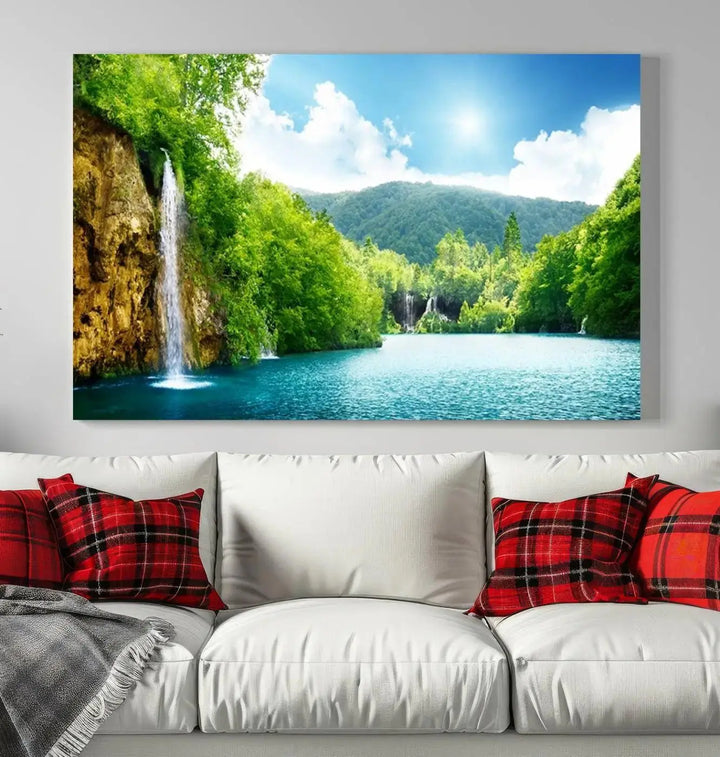 A triptych of big waterfalls in a forest with a mountain view, printed on museum-quality canvas with a UV-protective coating, is ready to elevate your space.