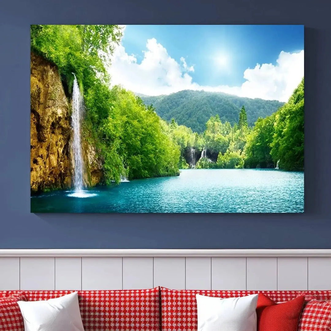 A triptych of big waterfalls in a forest with a mountain view, printed on museum-quality canvas with a UV-protective coating, is ready to elevate your space.