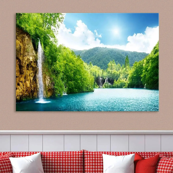 A triptych of big waterfalls in a forest with a mountain view, printed on museum-quality canvas with a UV-protective coating, is ready to elevate your space.