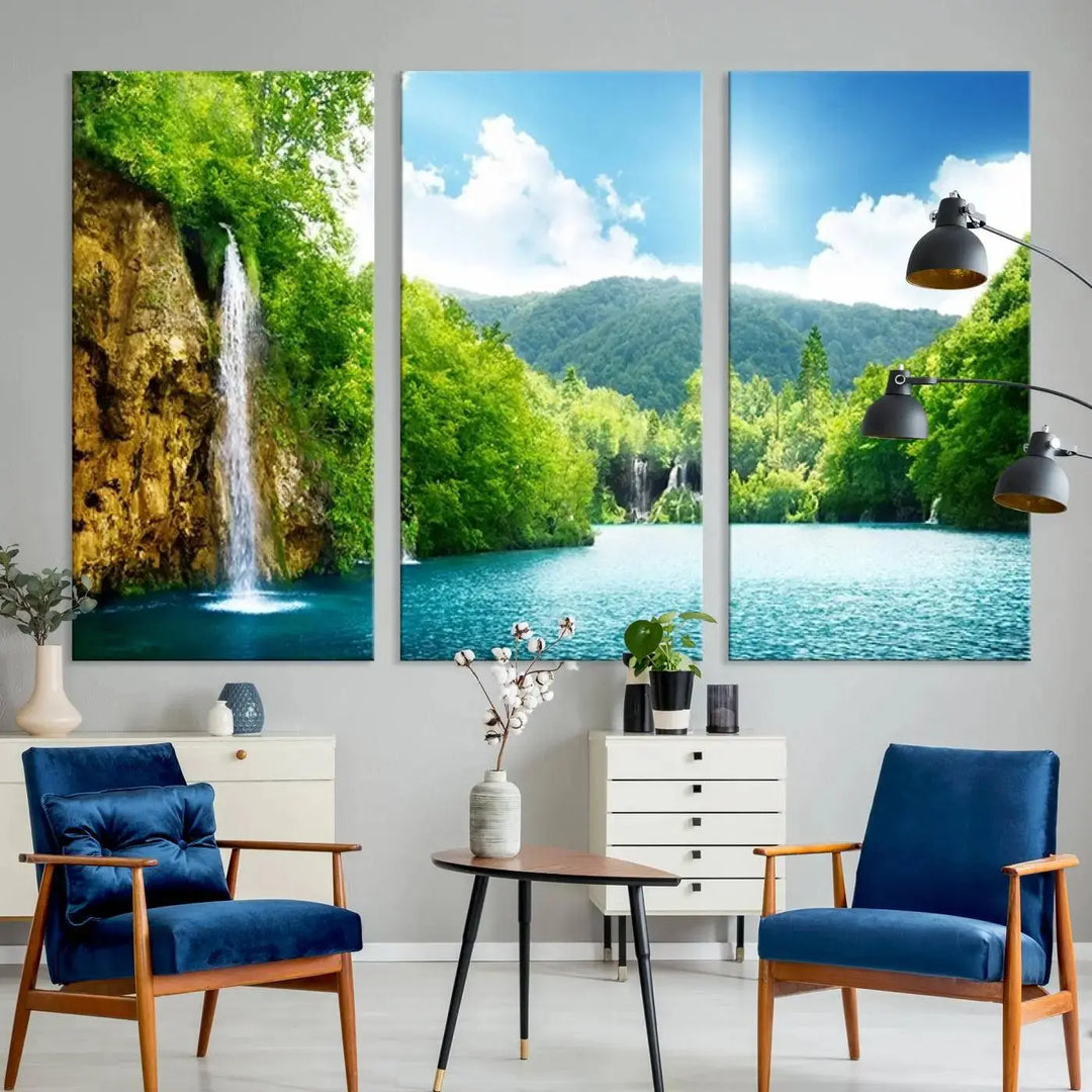 A triptych of big waterfalls in a forest with a mountain view, printed on museum-quality canvas with a UV-protective coating, is ready to elevate your space.