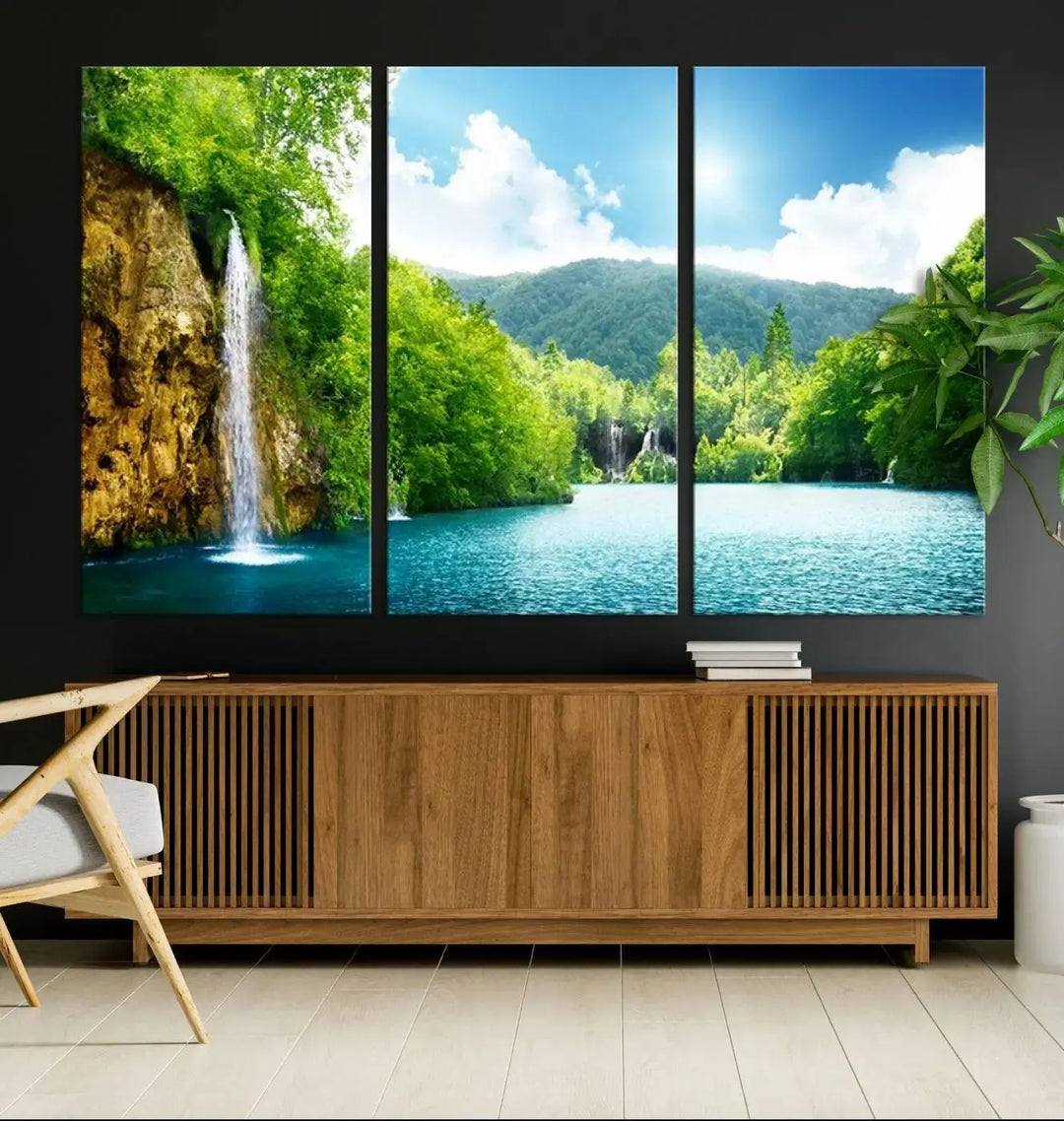 A triptych of big waterfalls in a forest with a mountain view, printed on museum-quality canvas with a UV-protective coating, is ready to elevate your space.