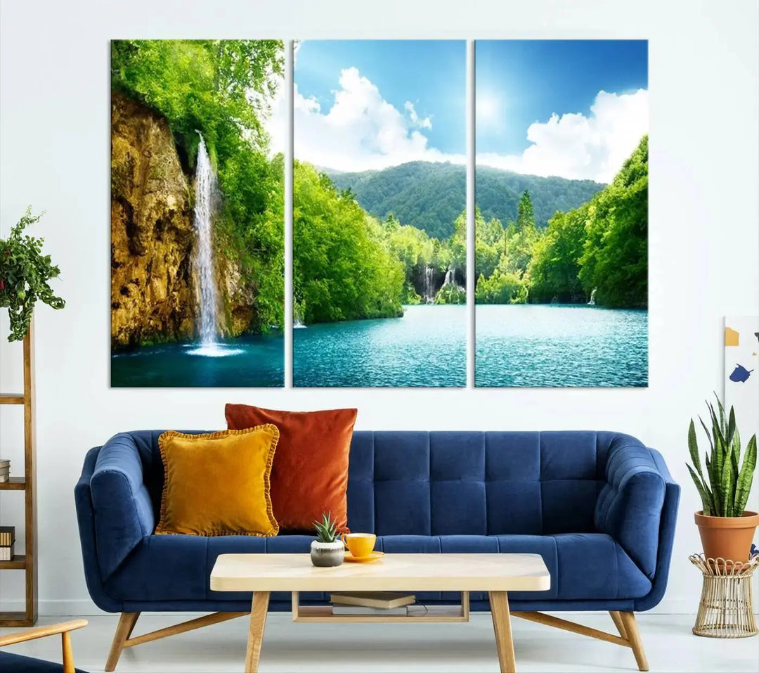 A triptych of big waterfalls in a forest with a mountain view, printed on museum-quality canvas with a UV-protective coating, is ready to elevate your space.