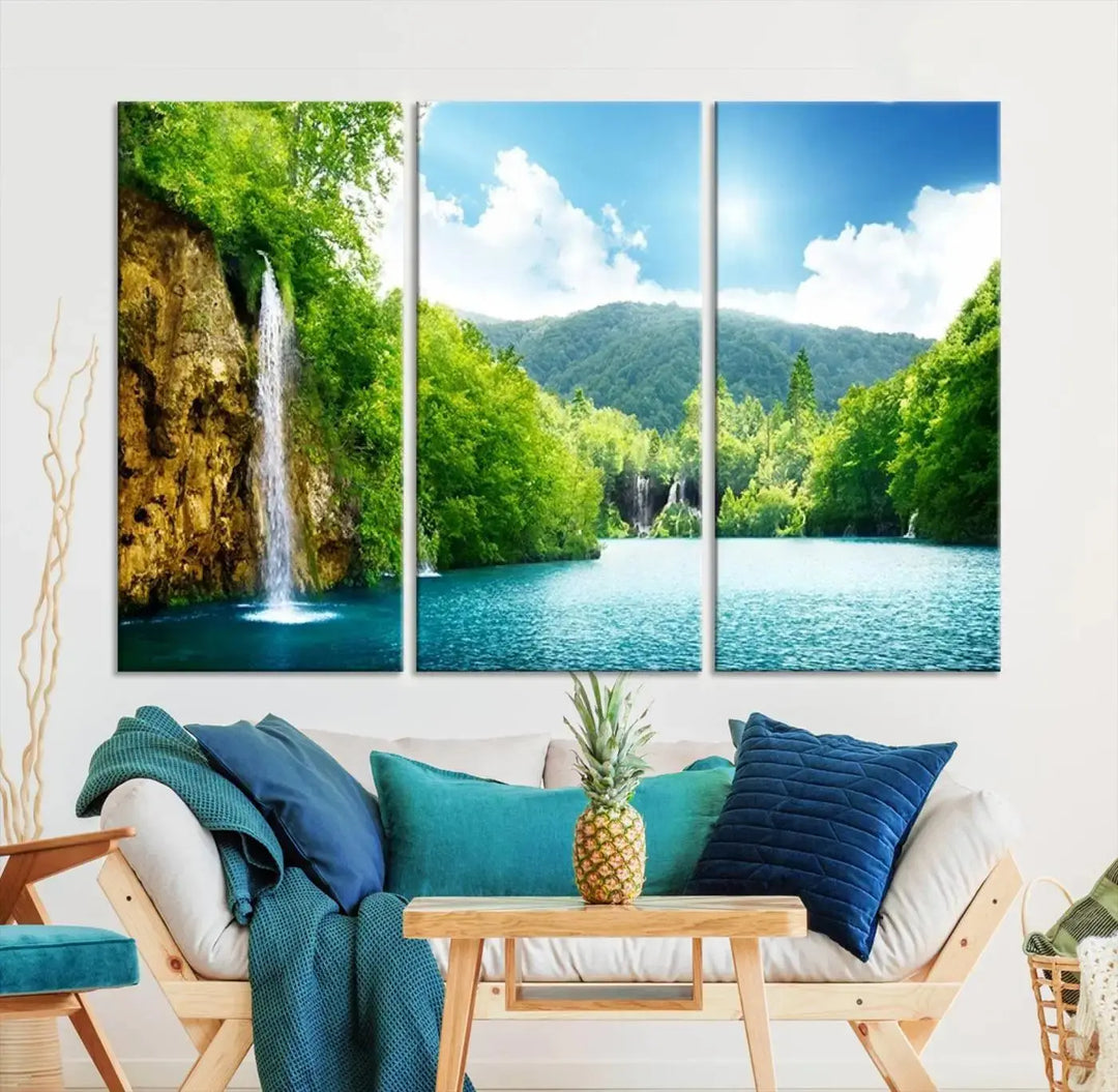 A triptych of big waterfalls in a forest with a mountain view, printed on museum-quality canvas with a UV-protective coating, is ready to elevate your space.