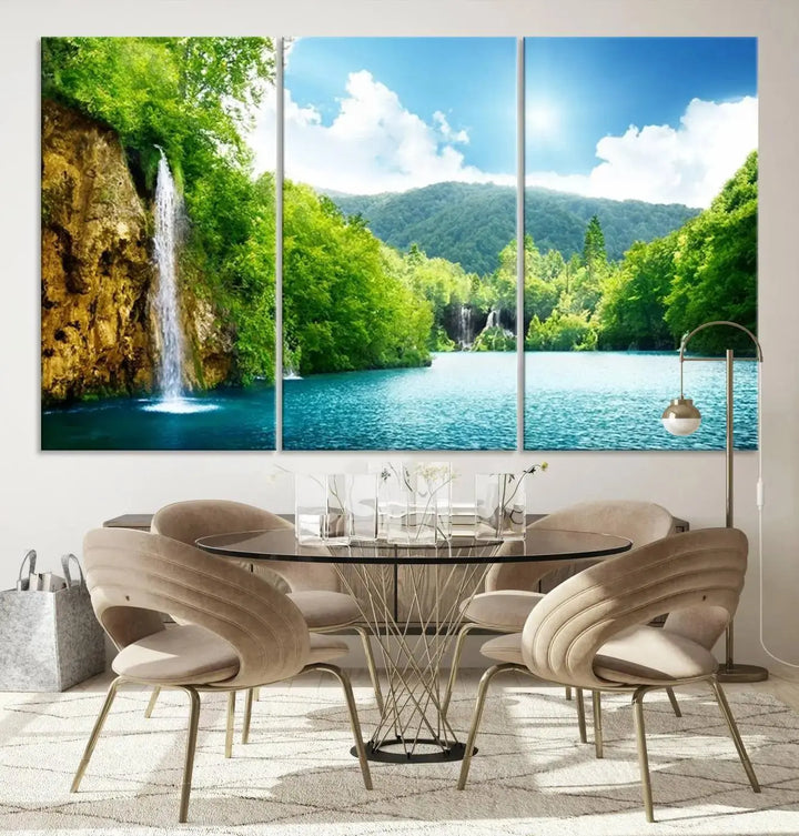 A triptych of big waterfalls in a forest with a mountain view, printed on museum-quality canvas with a UV-protective coating, is ready to elevate your space.